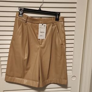 Zara Faux Leather Bermuda Shorts - Tan